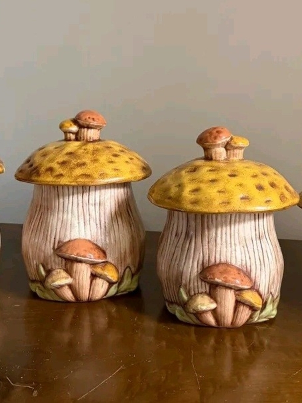Four Piece Set. Handmade Ceramic Mushroom Canister - Yellow & Brown